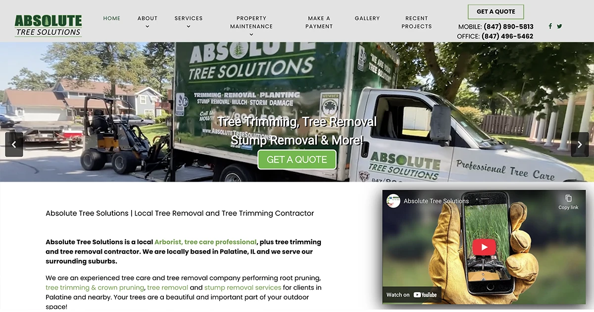 Tree Contractor Website Design, Development and Video Production for Absolute Tree Solutions in Palatine, IL